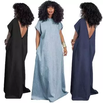 Женское джинсовое ультрадлинное платье в стиле ретро, свободное, облегающее, ультрадлинное платье, рукава «летучая мышь», V-образный вырез сзади, повседневные платья S