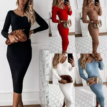 Женское европейское и американское модное повседневное сплошное цветное платье с v-образным вырезом и открытой спиной, сексуальное тонкое цельное платье с длинными рукавами L чёрный