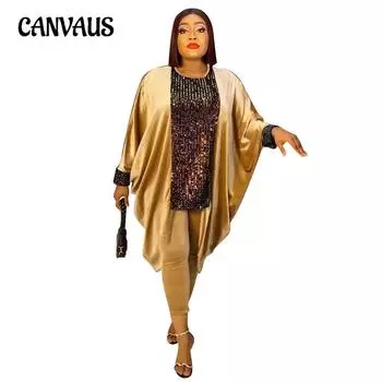 Женское фланелевое платье с пайетками больших размеров, брюки-карандаш, модный повседневный костюм One Size кофейный