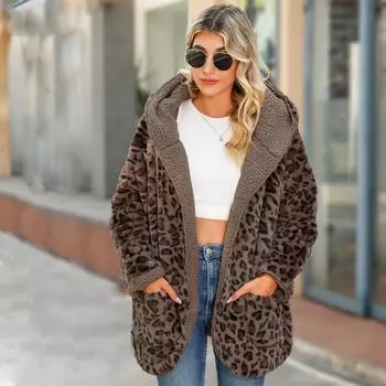 Женское флисовое пальто с леопардовым принтом, зимне-осеннее пальто, повседневная куртка с капюшоном, мягкий теплый пушистый кардиган с открытой передней частью, верхняя одежда с карманом S леопардовый