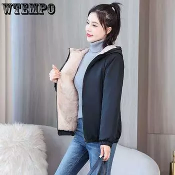 Женское флисовое пальто, зимняя теплая утолщенная однотонная ветровка с капюшоном, хлопковая плюшевая куртка с капюшоном, повседневная ветрозащитная куртка для активного отдыха M чёрный