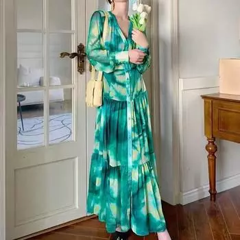 Женское французское модное однобортное длинное платье с v-образным вырезом и поясом, лето-осень, элегантный халат трапециевидной формы с принтом, женская праздничная одежда One Size синий