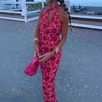 Женское французское модное платье с бретельками через шею, сексуальное зимнее платье с V-образным вырезом S розы красного