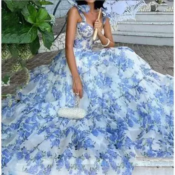 Женское французское модное свободное платье без рукавов с цветочным принтом, темпераментное кружевное пасторальное женское элегантное платье с высокой талией S синий