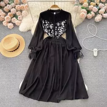 Женское французское платье 2024, весеннее новое милое кружевное шифоновое платье с пышными рукавами, облегающее длинное шифоновое платье с вышивкой S чёрный