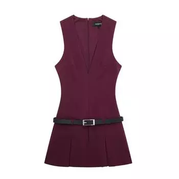 Женское французское платье без рукавов с поясом, 2024 г. L фиолетовый/красный