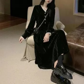 Женское французское платье-пальто в стиле ретро Хепберн с длинными рукавами, имитация платья Канареечник S чёрный