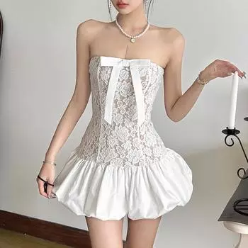 Женское французское платье Spice Girl Bow без бретелек с талией и лоскутным узором S чёрный