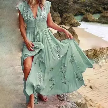 Женское французское пляжное платье с v-образным вырезом в европейском и американском стиле с богемным принтом, женская юбка XXL синий