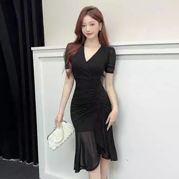 Женское французское сексуальное сетчатое плиссированное облегающее платье-рыбий хвост S красный