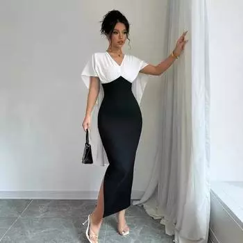 Женское французское темпераментное сексуальное платье-накидка с тонкими бретелями и разрезом на бедрах S чёрный/белый