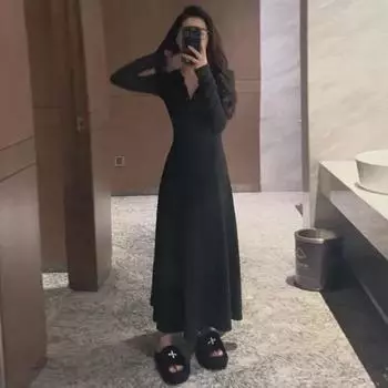 Женское французское весеннее трикотажное облегающее платье с длинными рукавами и бархатом для осени и зимы