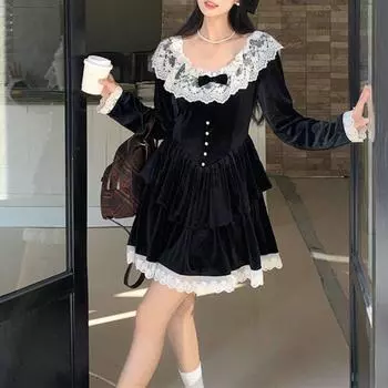 Женское французское винтажное кружевное бархатное платье принцессы с пышной юбкой M чёрный