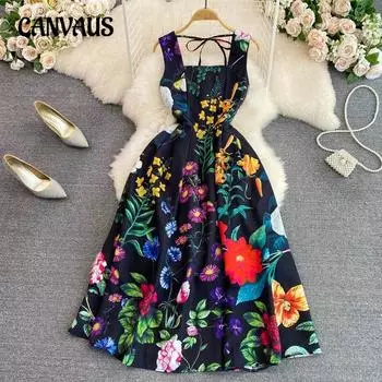 Женское французское винтажное летнее модное платье без рукавов с открытой спиной и принтом А-силуэта S чёрный