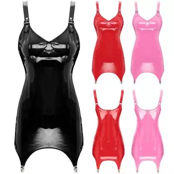 Женское глянцевое лакированное кожаное облегающее платье с регулируемыми бретелями на молнии сзади и зажимами для подвязок для нижнего белья, клубной вечеринки S
