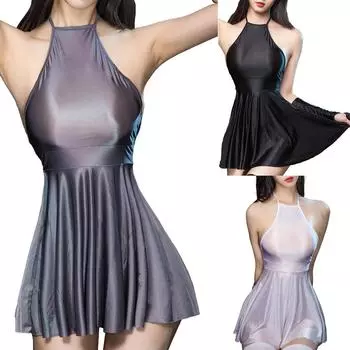 Женское глянцевое мини-ночная рубашка с лямкой на шее, вечерние тематические микро-мини-платья с открытой спиной, колготки с высокой талией, плиссированные, клубная одежда с оборками One Size