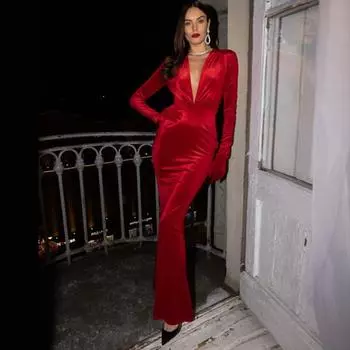 Женское глубокое V-образное платье с длинным рукавом, сексуальное, королевское, вечернее, церемониальное, модное, темпераментное, элегантное, красивое платье с рыбьим хвостом S красный