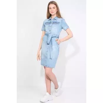 Женское голубое джинсовое платье с двумя карманами обычного кроя с поясом