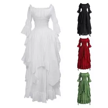 Женское готическое бальное платье с открытыми плечами, с длинным рукавом, неровной формы, многослойное, плиссированное, эластичное, с узкой талией, однотонное, в стиле ретро, ренессанс, вечернее, выпускное, макси XXXXXL белый