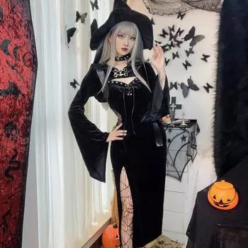 Женское готическое бандажное платье с капюшоном и рукавами-колокольчиками, кружевное платье-паутина с длинными рукавами и макси-платьем, костюм на Хеллоуин L чёрный