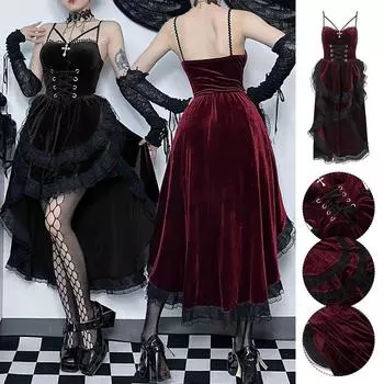 Женское готическое бархатное кружевное платье-халат Лолита вечерние мини-платья S чёрный