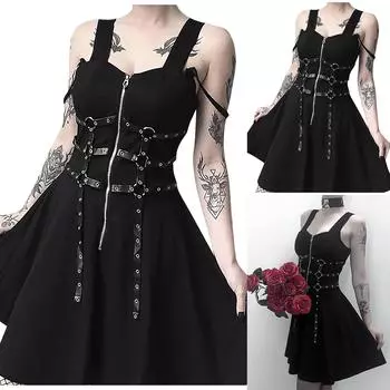 Женское готическое платье с принтом и открытой спиной, сексуальная короткая юбка с подтяжками на талии L чёрный