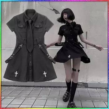 Женское готическое платье в стиле панк-готика Harajuku, черное мини-платье-рубашка с коротким рукавом, платье-поло L чёрный