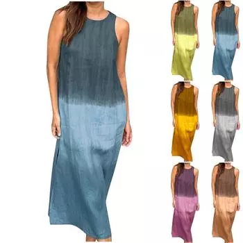 Женское градиентное платье-майка без рукавов с разрезом подол, свободный крой, летние летние струящиеся повседневные пляжные платья с круглым вырезом с круглым вырезом L синий