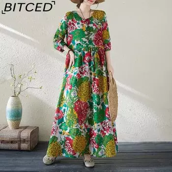 Женское хлопково-льняное длинное платье большого размера с принтом, женские весенне-летние свободные литературные темпераментные платья с длинными рукавами в стиле ретро с тонким круглым вырезом L зелёный