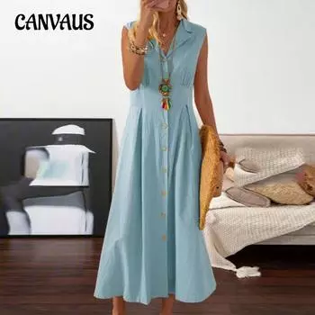 Женское хлопково-льняное платье больших размеров, однотонные длинные платья на пуговицах