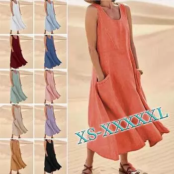 Женское хлопково-льняное платье, модное однотонное длинное платье без рукавов с круглым вырезом и карманами, повседневное свободное пляжное платье размера плюс XXXXXL
