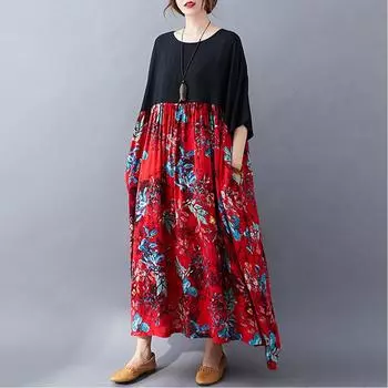 Женское хлопково-льняное платье с цветочным принтом и карманами до середины икры, свободный круглый вырез с короткими рукавами, повседневные размеры больших размеров one size разноцветный