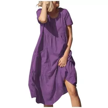 Женское хлопково-льняное платье с круглым вырезом и короткими рукавами, летние платья миди с карманами фиолетовый