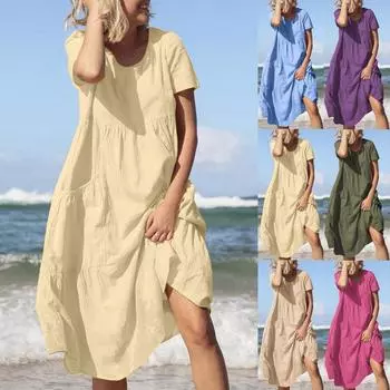 Женское хлопково-льняное платье с круглым вырезом и короткими рукавами, летние платья миди с карманами