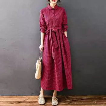 Женское хлопково-льняное платье свободного кроя в клетку средней длины M бордовый