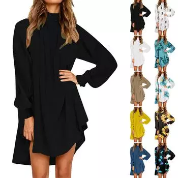 Женское хлопково-льняное плиссированное однотонное платье с дырявой спиной и длинными рукавами