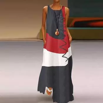 Женское хлопковое длинное платье без рукавов с круглым вырезом и летним винтажным принтом XXL белый