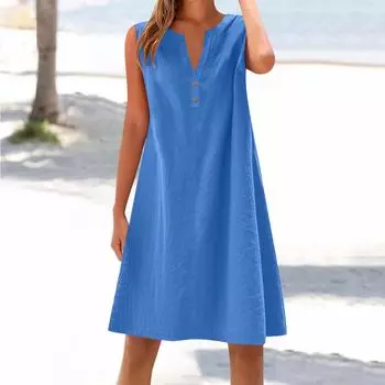 Женское хлопковое и льняное платье, летнее, без рукавов, удобное, дорожная, пляжная одежда, модная, весенняя и летняя, одежда для отдыха L синий