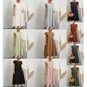 Женское хлопковое льняное модное универсальное однотонное повседневное платье для обеда, отпуска и отпуска S белый