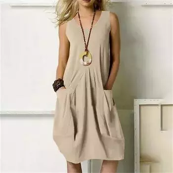 Женское хлопковое льняное однотонное свободное платье без рукавов с круглым вырезом и карманами L бежевый