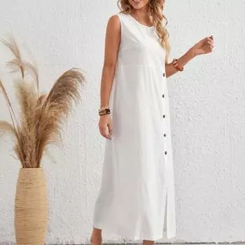 Женское хлопковое льняное платье-майка, повседневное платье макси без рукавов, на пуговицах, с круглым вырезом, летнее свободное пляжное платье-сарафан с разрезом S белый
