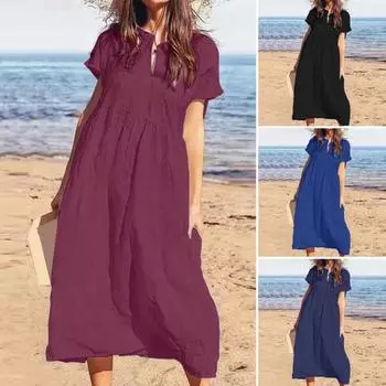 Женское хлопковое льняное платье макси, повседневное, с коротким рукавом, V-образным вырезом, сарафан, свободное, пляжное, плиссированное, длинное платье для летнего отпуска M чёрный