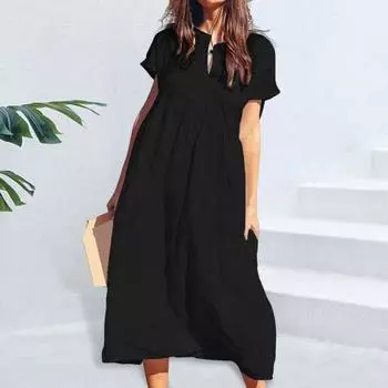 Женское хлопковое льняное платье макси, повседневное, с коротким рукавом, V-образным вырезом, сарафан, свободное, пляжное, плиссированное, длинное платье для летнего отпуска M темно-синий