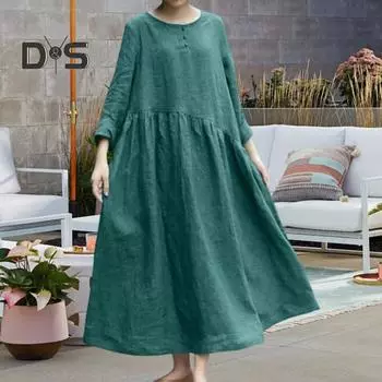 Женское хлопковое льняное платье макси с длинными рукавами, застежкой на пуговицы, круглым вырезом, длинным платьем с карманами, свободного покроя, свободного покроя, пляжный сарафан большого размера M чёрный