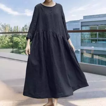 Женское хлопковое льняное платье макси с длинными рукавами, застежкой на пуговицы, круглым вырезом, длинным платьем с карманами, свободного покроя, свободного покроя, пляжный сарафан большого размера M чёрный