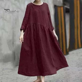 Женское хлопковое льняное платье макси с длинными рукавами, застежкой на пуговицы, круглым вырезом, длинным платьем с карманами, свободного покроя, свободного покроя, пляжный сарафан большого размера M чёрный