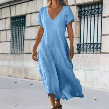 Женское хлопковое льняное платье макси, повседневное, с коротким рукавом, V-образным вырезом, длинное платье, летний пляжный сарафан для отдыха M темно-коричневого