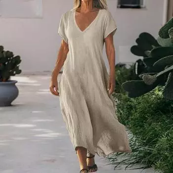 Женское хлопковое льняное платье макси, повседневное, с коротким рукавом, V-образным вырезом, длинное платье, летний пляжный сарафан для отдыха L темно-коричневого