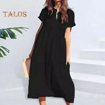 Женское хлопковое льняное платье макси, повседневное, с коротким рукавом, V-образным вырезом, сарафан, свободное, пляжное, плиссированное, длинное платье для летнего отпуска M чёрный