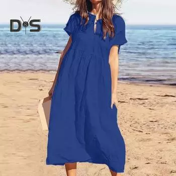 Женское хлопковое льняное платье макси, повседневное, с коротким рукавом, V-образным вырезом, сарафан, свободное, пляжное, плиссированное, длинное платье для летнего отпуска M вино красного